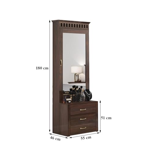 Image of Solid Sheesham Wood Dressing Table with Storage Mirror & 3 Drawers, & 1 Door Storage for Living Room Bedroom Wooden Make Up Vanities Dresser for Bedroom Home (Walnut Finish)