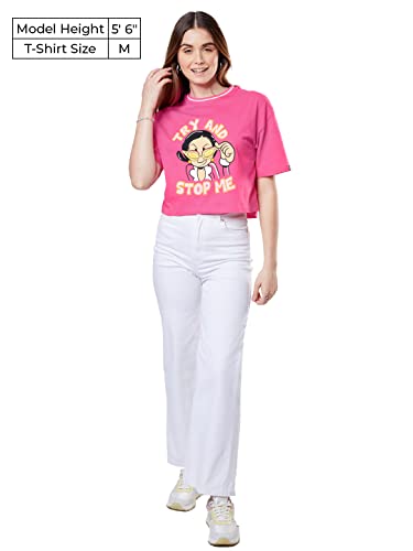 Image of The Souled Store|Official Popeye: Try and Stop Me Women and Girls T-Shirts|Half Sleeve|Loose Fit Graphic Printed|Round Neck 100% Cotton Pink Women Oversized Crop Tops