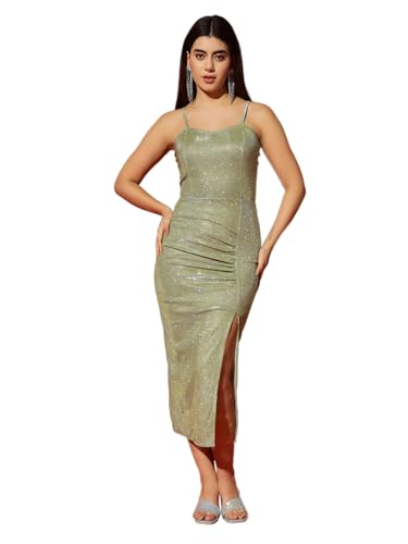 Image of Vaararo Lycra Sleeveless Party Dress for Women | Bodycon Shimmery Spaghetti Strap Outfit
