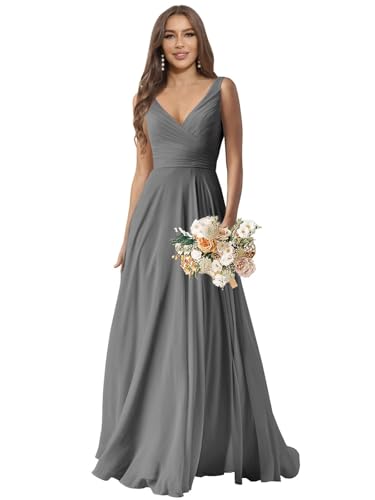 Image of Sukleet V Neck Bridesmaid Dresses Long for Wedding Pleated Chiffon A Line Formal Wedding Guest Dress