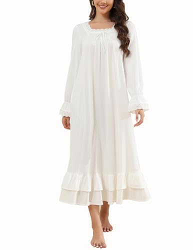 Rubehoow Women's Victorian Nightgown Vintage Long Sleeve Pajama Dress Soft Cotton Lounge Dress Nightwear