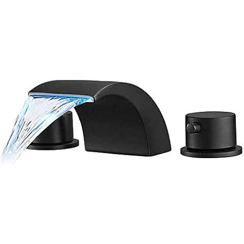 Widespread Bathroom Faucet 3 Hole Matte Black Waterfall 2 Handle for Sink 8 Inch Modern LED Light Lead-Free with Water Supply Lines Cover