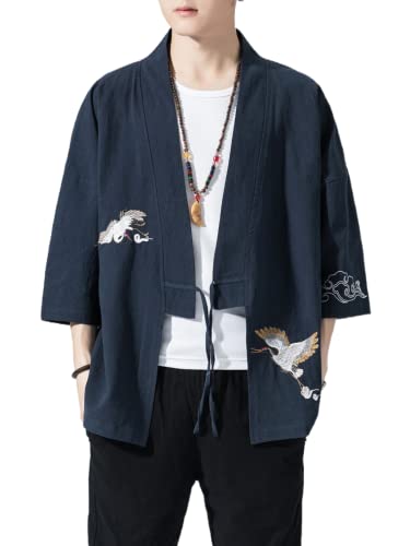 Image of Men's Japanese Kimono Cardigan Loose Cotton Linen 3 /4 Sleeve Open Front Casual Summer Shirt Jackets