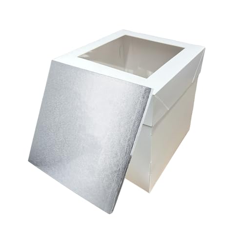 LARRYROO Tall White Cake Box Extra Deep with Clear Display Window & Silver Square Cake Drum Board Combo (12")