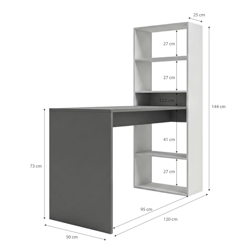 Miniatura 5 de Duehome Escritorio Juvenil Con Estanteria Reversible, Mesa De Ordenador, Modelo Cosmic, Acabado En Blanco Artik Y Gris Antracita, Medidas: 120 Cm Largo X 53 Cm Ancho X 144 Cm Alto