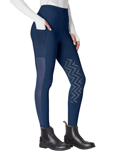 FitsT4 Sports Women's Horse Riding Pants Knee-Patch Riding Tights Ventilated Mesh Equestrian Breeches Horseback Schooling Tights with Pockets Navy M