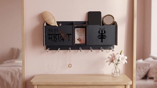 Image of Premium Wooden Har Har Mahadev & Trishul Key Holder for Wall | 7 Hooks Key Hanger with 3 Compartments for Mobile, Mail & Wallet | Lord Shiva Spiritual Wall Organizer for Home Decor & Office