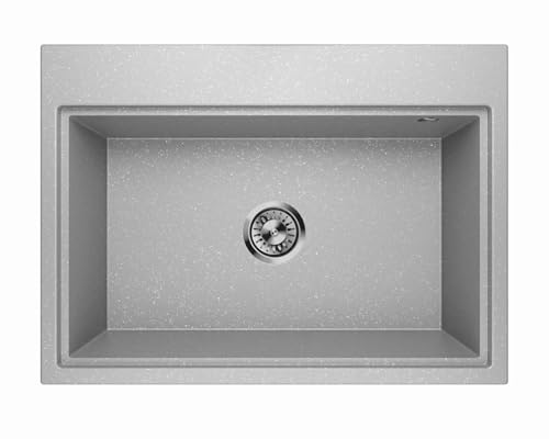 Lavello Fregadero de granito gris plateado metálico, profundo empotrable, 68 x 49,5 cm, fregadero de cocina rectangular, 1 lavabo, moderno, fácil de limpiar, resistente a los arañazos, reversible