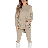 tomwell tailleur pantalone donna oversize girocollo manica lunga top + pantaloni slim fit leggera tuta elegante due pezzi yoga outfit casual suit a cachi s