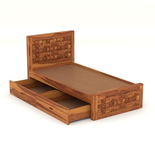 Image of Solid Sheesham Wood Single Size Bed with 2 Drawer Storage Wooden Single Cot Bed for Home Living Room Bedroom Guest Room Hotel (Honey, Size 6 * 4)