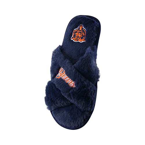 Image of FOCO Womens NFL Team Script Wordmark Fuzzy Cross Slide Slippers