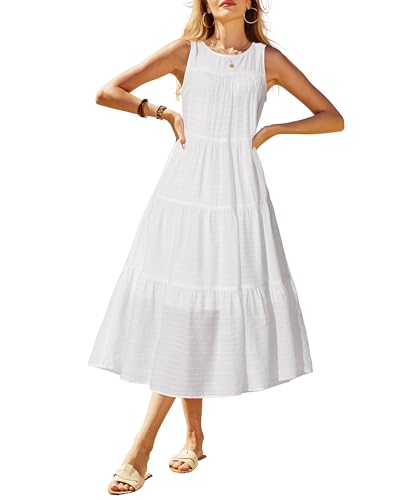 Image of Newshows Women's 2024 Summer Midi Dresses Sleeveless Crewneck Beach Boho Casual Loose Long Flowy Tiered Sundress with Pockets