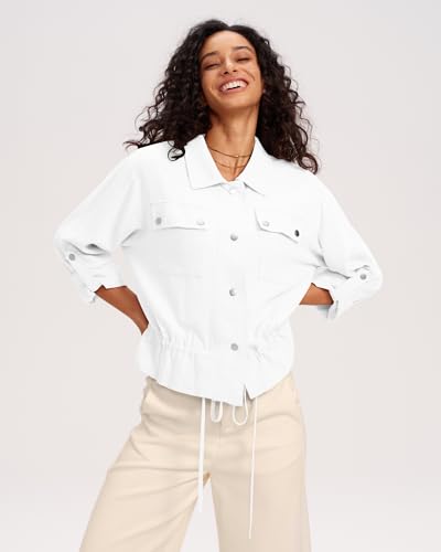 Gacaky Women's Cropped Jackets Casual Lapel Button Down 3/4 Sleeve Oversized Utility Anorak Coat with Pockets3