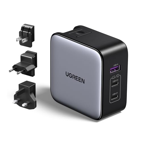 UGREEN 65W USB C Charger, Nexode 3 Port Travel GaN Fast International Power Adapter With US UK EU Plug for MacBook Pro/Air, Dell XPS, iPhone 16/15, iPad, Galaxy S24, Steam Deck