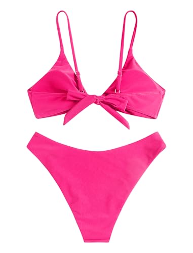 ZAFUL Women's Tie Knot Front Spaghetti Strap High Cut Bikini Set Swimsuit2