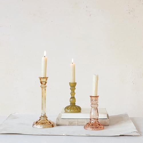 Creative Co-Op Tall Embossed Reclaimed Glass Taper Holder, Chartreuse by Creative Co-Op - Image 3