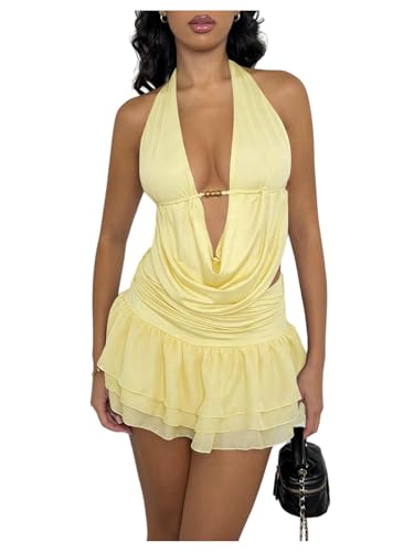Milumia Womens Two Piece Outfits Summer Deep V Neck Draped Halter Top Ruffle Layered Mini Skirt Sets Going Out Yellow X-Small