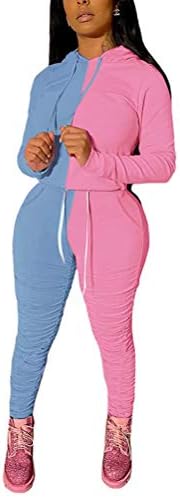 Women Bodycon 2 Piece Outfits - Color Block Drawstring Hoodies Elastic Waist Ruched Workout Active Sweatpants Set A-Blue&Pink XXL