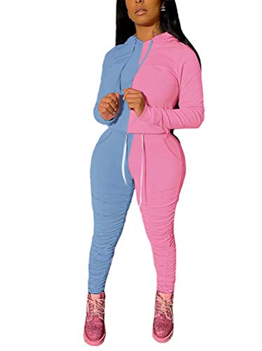 Women Bodycon 2 Piece Outfits - Color Block Drawstring Hoodies Elastic Waist Ruched Workout Active Sweatpants Set A-Blue&Pink Xxl #TOP3