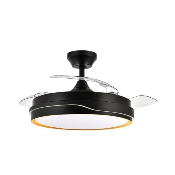 Brightium Ventilador DC Tempano en elegante negro y dorado, 72W de potencia y 3 aspas. Ofrece 7200lm de luz y 6 temperaturas (3000K, 4500K, 6000K). Viene con control remoto, temporizador y memoria.