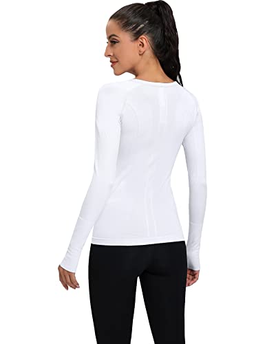 Camisa de treino feminina de manga comprida sem costura com furos para o polegar, camisa esportiva p