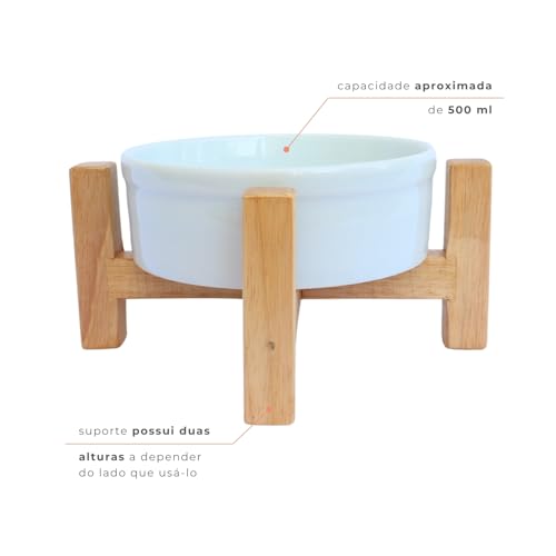 Comedouro Ergonômico 2 Alturas Madeira Gato Cachorro Pote Porcelana (Branco)