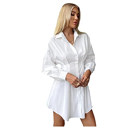 SheIn Women's Pleated Long Sleeve Mini T Shirt Dress Lapel Collar Button Flared Short Dresses White Medium