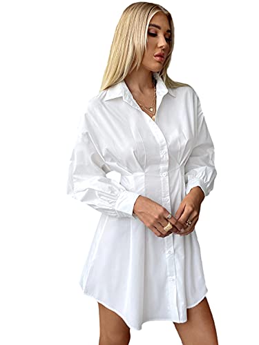 SheIn Women's Pleated Long Sleeve Mini T Shirt Dress Lapel Collar Button Flared Short Dresses White Large