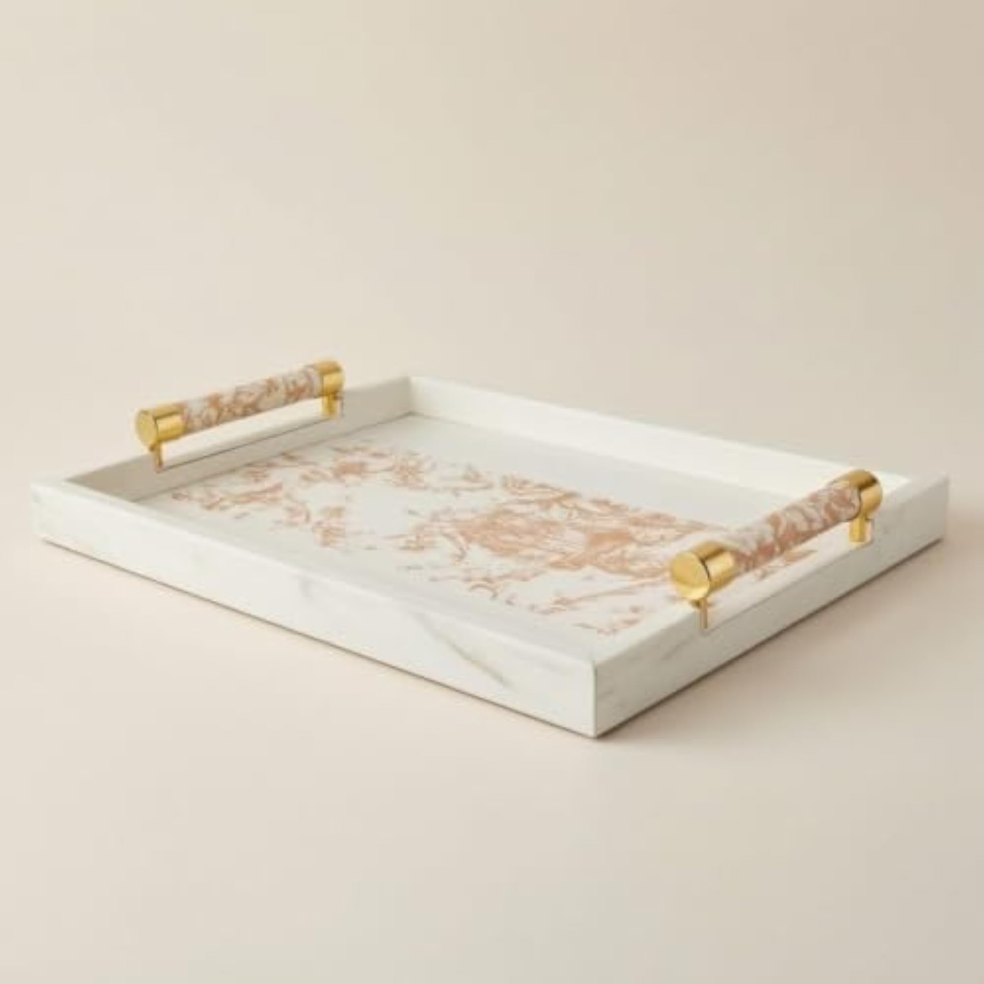 Floral Wood Tray with Leather, Elegant Rectangular