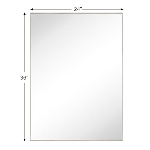 Image of TEHOME Brushed Nickel Bathroom Vanity Mirror with Squared Corners, 24x36'' Silver Rectangle Stainless Steel Metal Framed Mirror for Bathroom