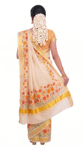 Image of Women's Mural Printed Kerala Gold Tissue Saree with Running Blouse Piece | Traditional South Indian Ethnic Saree for Festivals, Weddings & Special Occasions