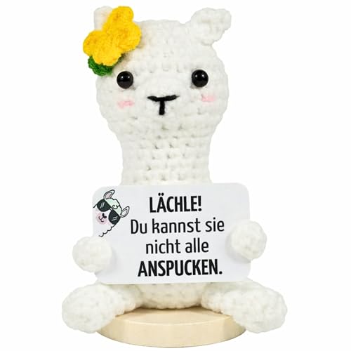 EQUIK PRODUCTS Alpaka Kuscheltier gehäkelt – Lustige Lama Figur mit Spruch „Lächle, du Kannst Nicht alle anspucken“ | Emotional Support Pocket Hug | Anti Stress Geschenk für Männer, Frauen, Kollegen