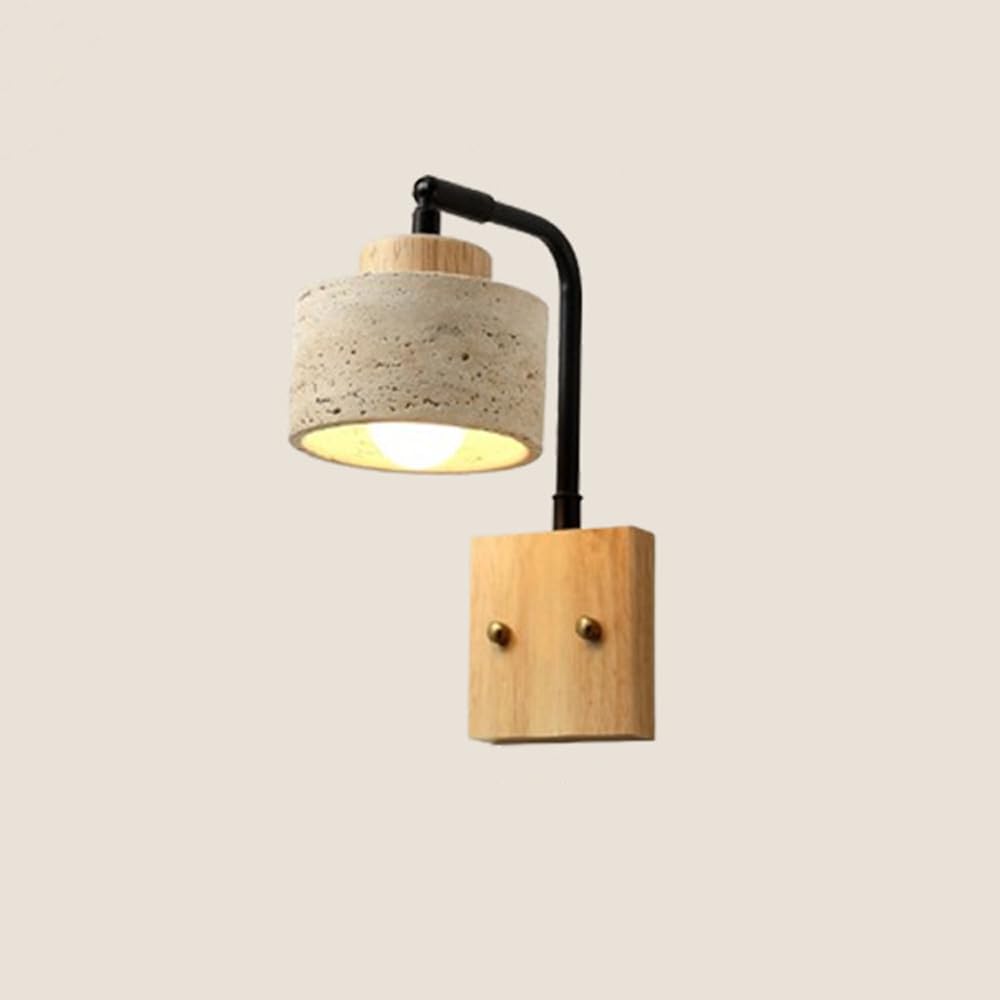 HUAYUSEDF Wood Wall Sconce Vintage Farmhouse Natural Stone Light Fixture Modern Yellow Travertine Bedroom Lighting Cylindrical Mounted Lamp for Living Room Bedside Aisle Porch(Log Color)