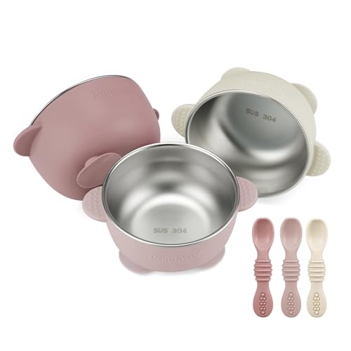 Image of PandaEar 3 Pack Stainless Steel Suction Baby Bowls & 3 Baby Feeding Spoons | Non-Slip Stay Put Bowls & Soft Silicone First Stage Spoons for Toddlers, BPA-Free Baby Led Weaning Set (Pink White)