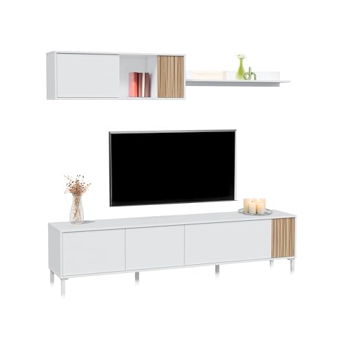 duehome | Conjunto de Salon, Mueble de TV, Modulos de Comedor, Modelo Nitza, Acabado en Blanco Artik y Natur, Medidas: 200 cm (Largo) x 40 cm (Fondo) x 47 cm (Alto)