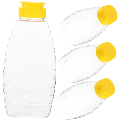 BRIGHTFUFU 4Pcs Transparent Plastic Honey Bottles with Lid Capacity Food Storage Container for Honey Jam Salad Dressing Lightweight and Reusable for Home Kitchen Use