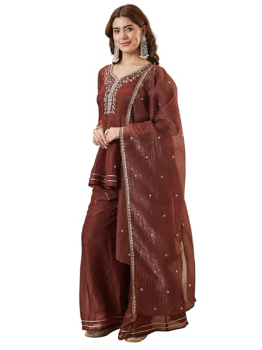 Image of MOKOSH Women's Silk Embroidery Peplum Kurta Sharara with Dupatta | Anarkali Kurta Set | Sweetheart Neck Full Sleeve Ethnic Suit | 3 Piece Outfit | Indian Kurta Outfit With Sharara