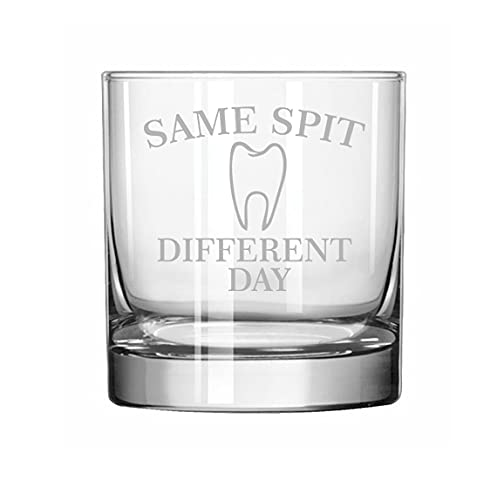 MIP Brand Rocks Whiskey Old Fashioned Glass Same Spit Different Day Funny Dentist Dental Assistant Hygienist