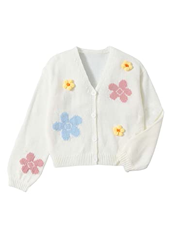 Makemechic Girl's Casual Argyle Plaid Long Sleeve V Neck Button Down Cardigan Sweater White 11-12Y #TOP8