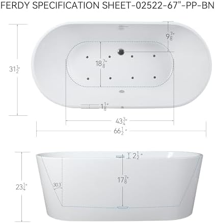 FerdY Shangri-La 67 Inch Freestanding Whirlpool Bathtub, Oval with 8 Water SPA Jets Morden White Stand Alone Jetted Tub& Bath Pillow for Bathtub,Thick Tub Pillows