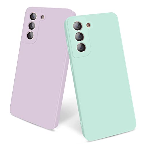 AGOO 2 Pièces Coque pour Samsung Galaxy S21 5G 2021 Coque en Silicone Liquide, Housse de Protection en TPU pour Samsung S21 5G 6.2inch 2021 avec Doublure Anti-Rayures en Microfibre (Violet+Mint) Cover