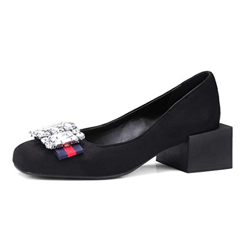 MIOKE Women's Retro Square Toe Rhinestone Dress Pumps Suede Mid Heel Slip-On Party Evening Wedding Shoes