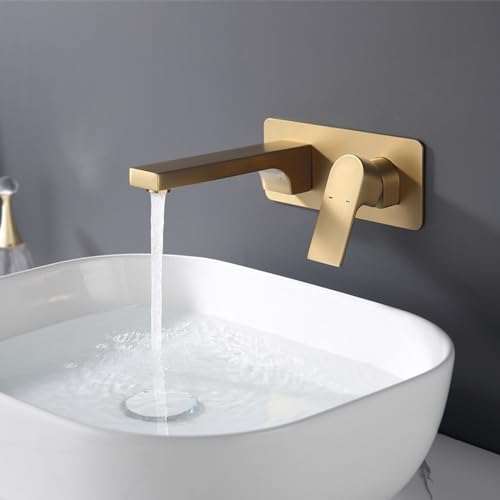 ASBEQUZBE Grifo Monomando para Lavabo de baño, 2 Orificios para grifería, montado en la Pared, para Agua fría y Caliente, de latón, Color Dorado Cepillado Stabilize