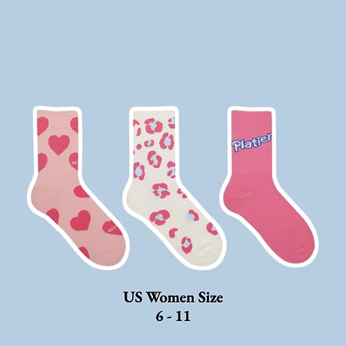 LilRoot Pink Socks Cute Hearts Leopard Printed Girls Sports Cotton Crew Socks Aesthetic Casual Socks for Women - 3 Pairs2