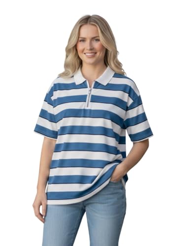 Image of Mack Jonney Women's Striped Polo T-Shirt | Half Zip Collar | Half Sleeve Cotton Casual Top | Relaxed Fit-M7496