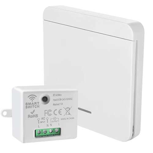 DieseRC Kit Interruptor Inalámbrico Luz Pared (Sin Cables), Interruptor Inteligente RF 433MHz con Receptor 10A, Control Remoto Alcance 50m para Lámpara, Mando Garaje y Domótica Casera, Fácil Instalaci