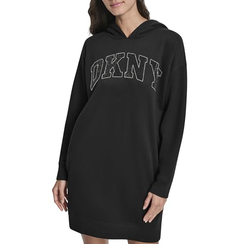 DKNY Women's Exploded Rhinestone Varsity Logo Hoodie Sneaker Dress, Black Black, Small