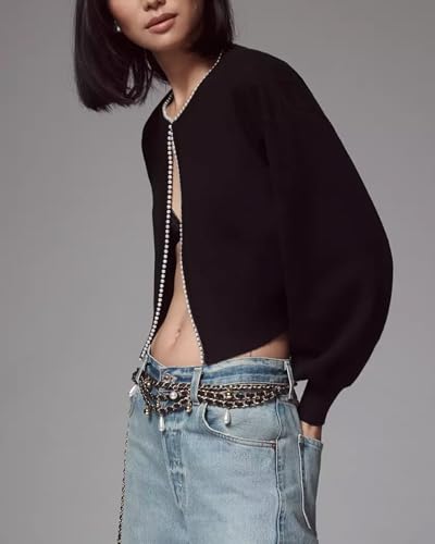 Image of Kedera Women's Open Front Cardigan Sweater Long Sleeve Pearl Trim Cropped Sweater Embellished Knitted Top Trendy Black