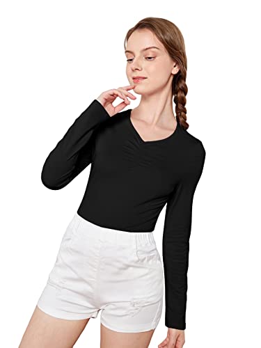 Floerns Girls Solid Long Sleeve Ruched Bust V Neck Basic Tee Shirt Black 12-13Y #TOP26