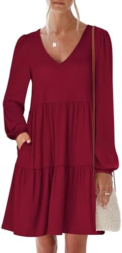 ANRABESS Womens Long Sleeve Dress 2026 Spring Casual V Neck Tiered Flowy Short Dresses Beach Travel Vacation Clothes